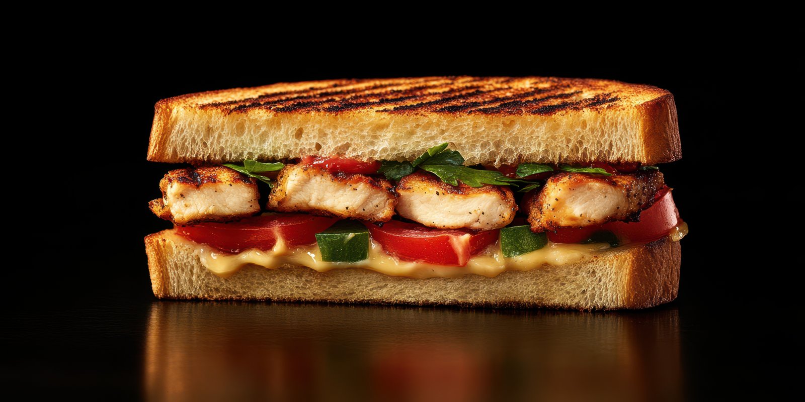 Grilled sandwich with chicken, fresh vegetables, and creamy sauce prepared in a modern kitchen setting